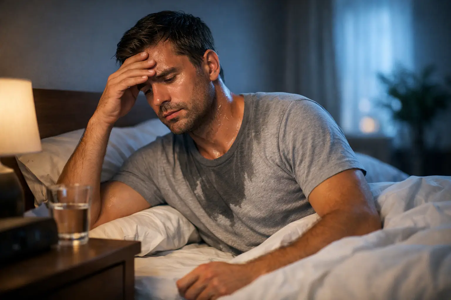 Homem acordando suado no meio da noite com lençol úmido, representando suor noturno excessivo