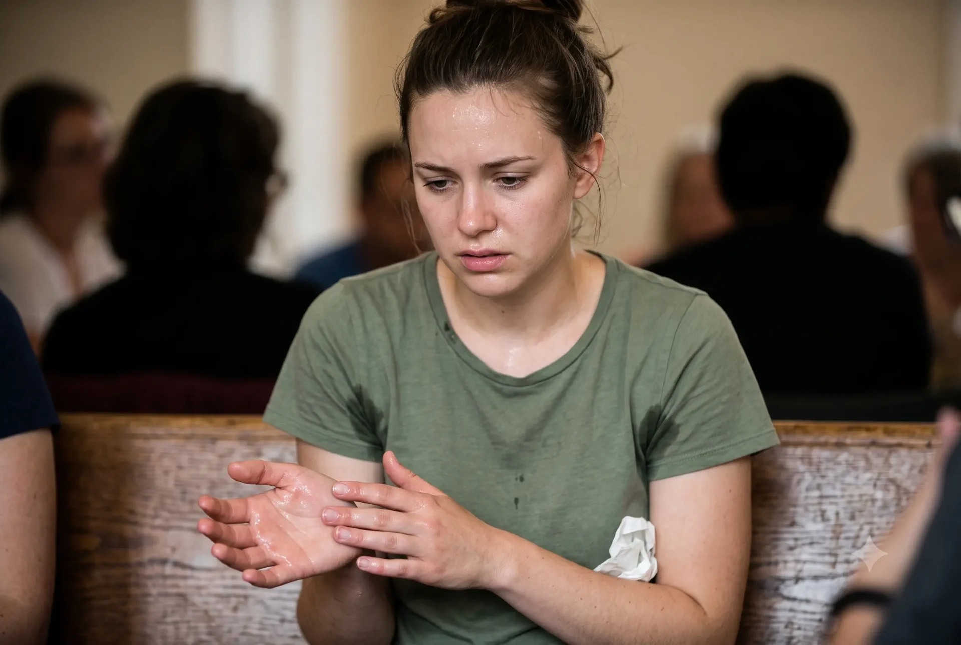 Mulher com suor excessivo no rosto e nas mãos em ambiente social, representando o desconforto da hiperidrose