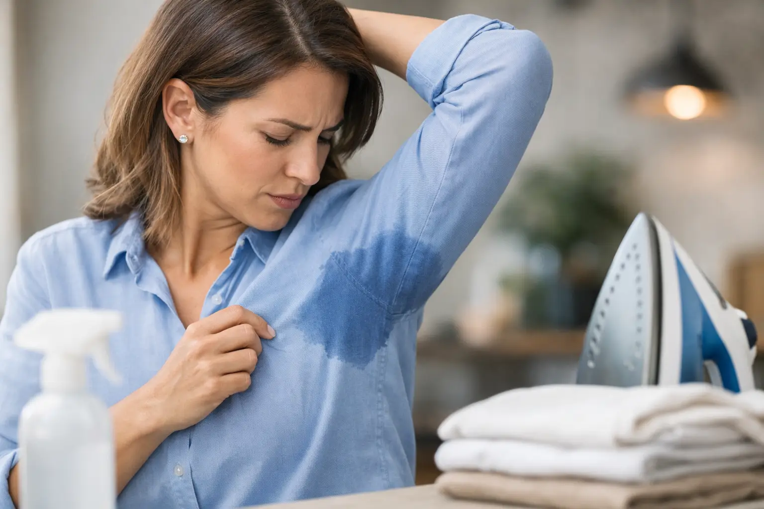 Mulher com camisa azul manchada de suor na axila — como parar suor na roupa