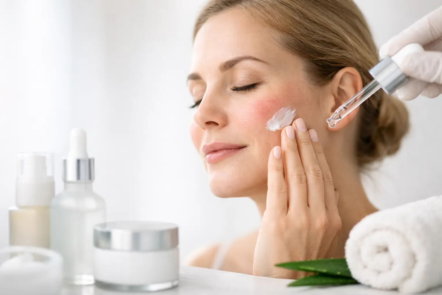 Mulher com pele sensível aplicando produto no rosto com cuidado