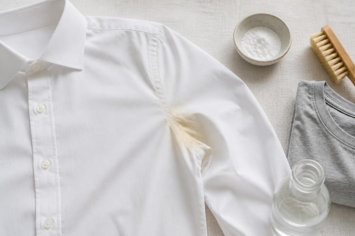Camisa social branca dobrada sobre linho claro com mancha amarelada na axila, ao lado de tigela com bicarbonato, escova macia e camiseta cinza