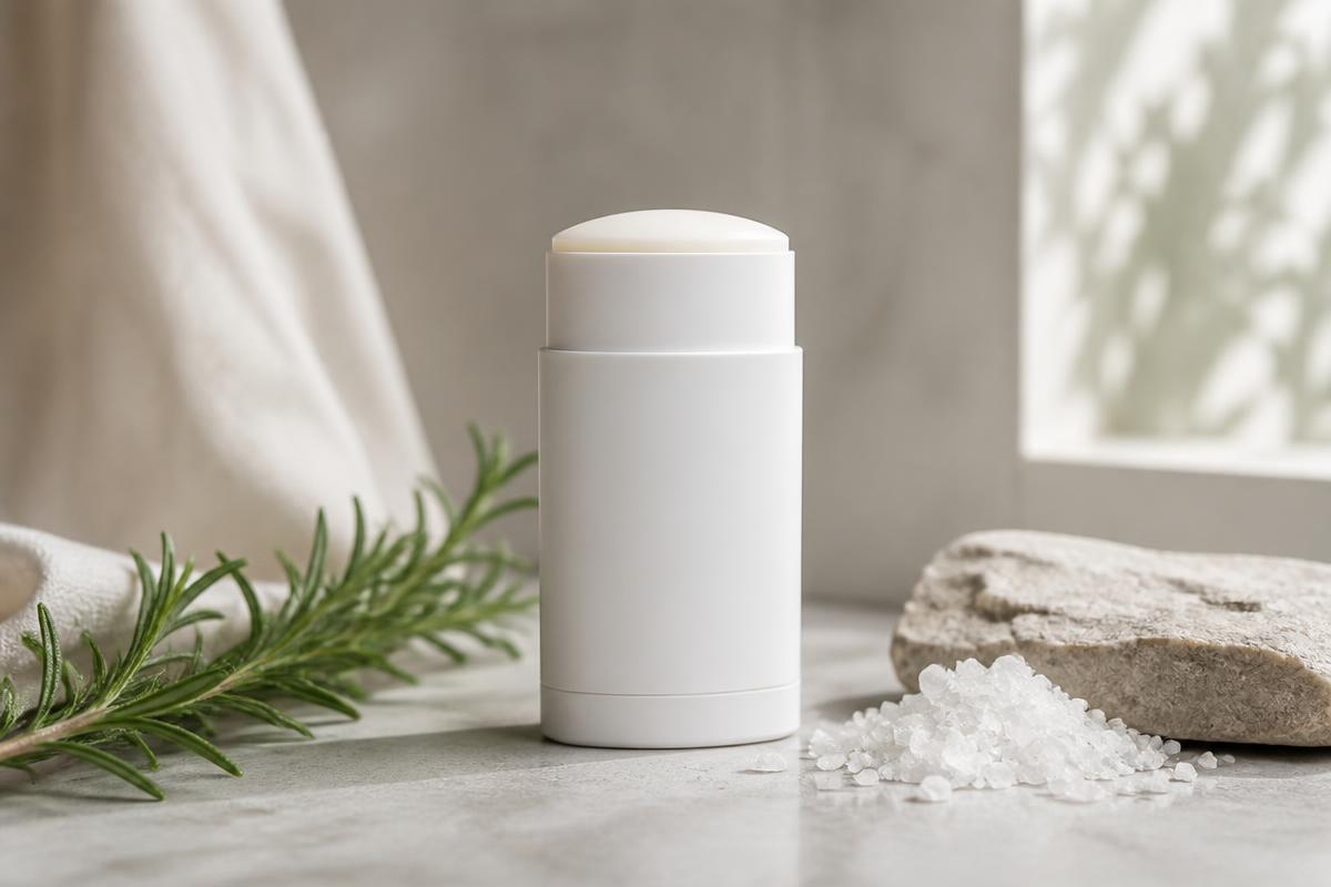 Desodorante em bastão branco sem rótulo sobre bancada clara, ao lado de ramo verde e cristais minerais, em luz natural suave