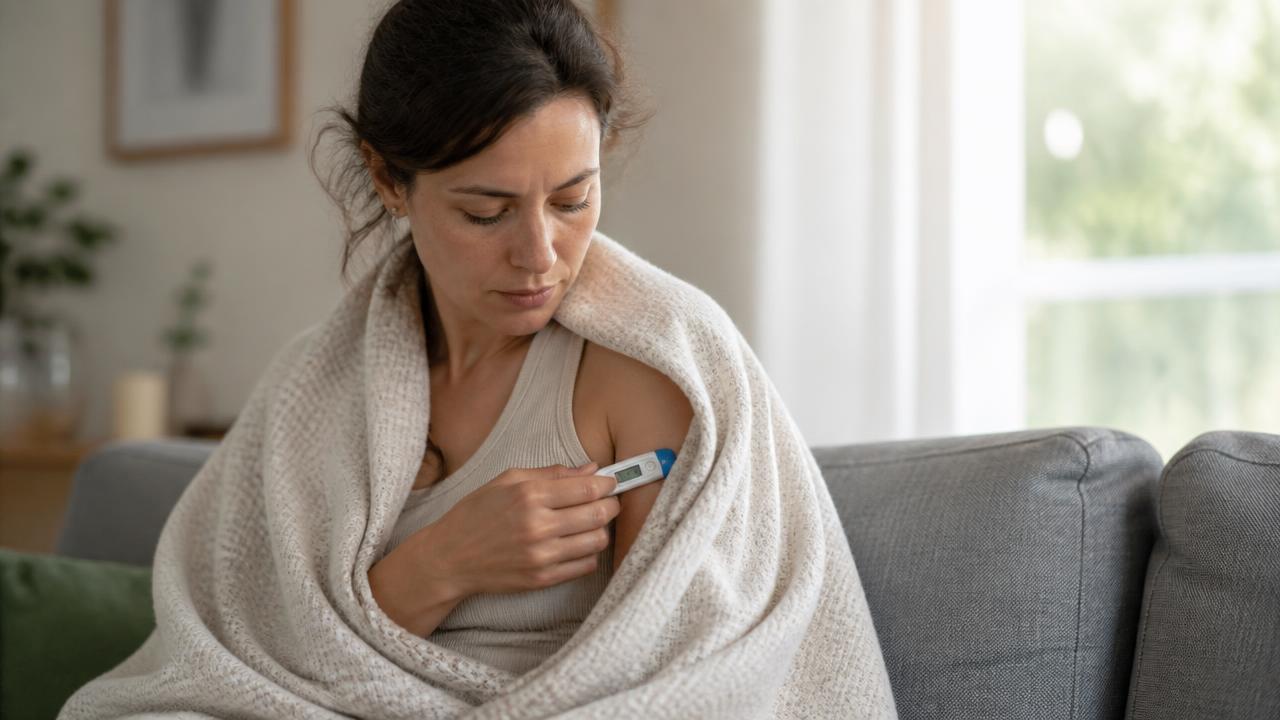 Mulher adulta medindo a própria temperatura com termômetro digital, em luz natural