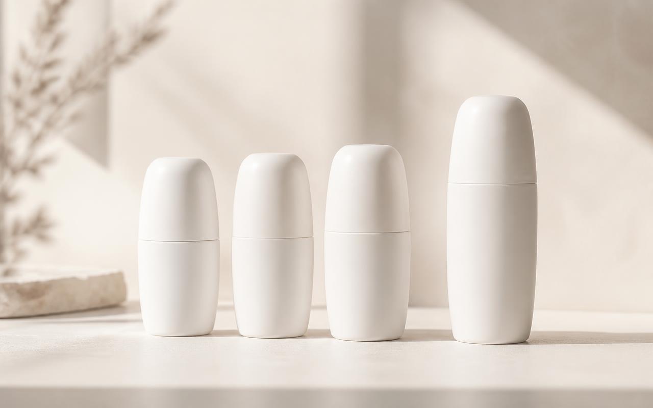Três frascos de antitranspirante brancos alinhados ao lado de um roll-on branco sobre superfície clara