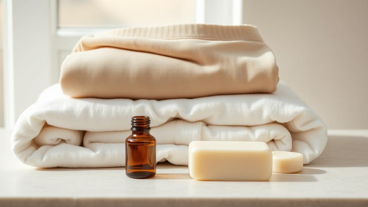 Roupa íntima de algodão dobrada ao lado de toalha branca, frasco âmbar e sabonete neutro sobre superfície clara com luz natural